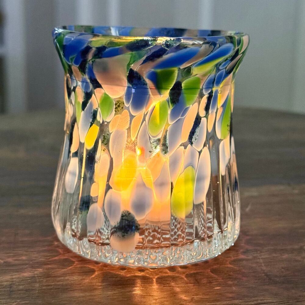 Vintage Art Glass Candle Holder Votive Tealight Confetti Coastal Boho Decor 3”